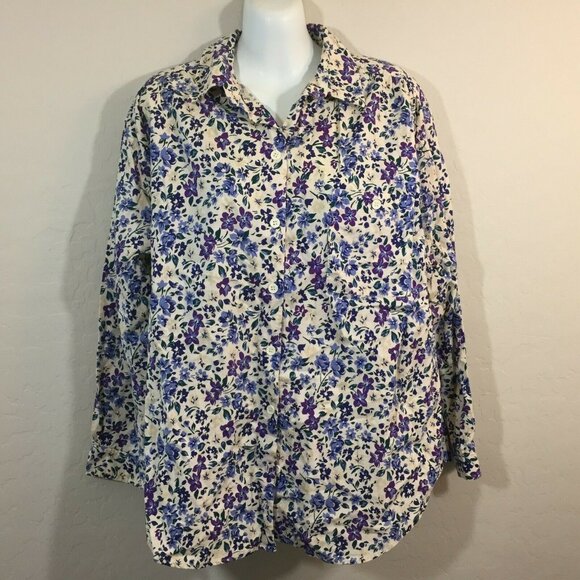 Honors Womens Cream Blue Floral Long Sleeve Button Front Blouse Top Size Large - Picture 6 of 12